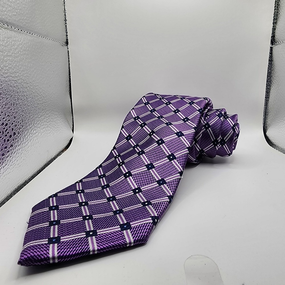 Jos. A. Bank Reserve Mens Silk Tie Purple Geometric‎ Grid Plaid Woven Necktie